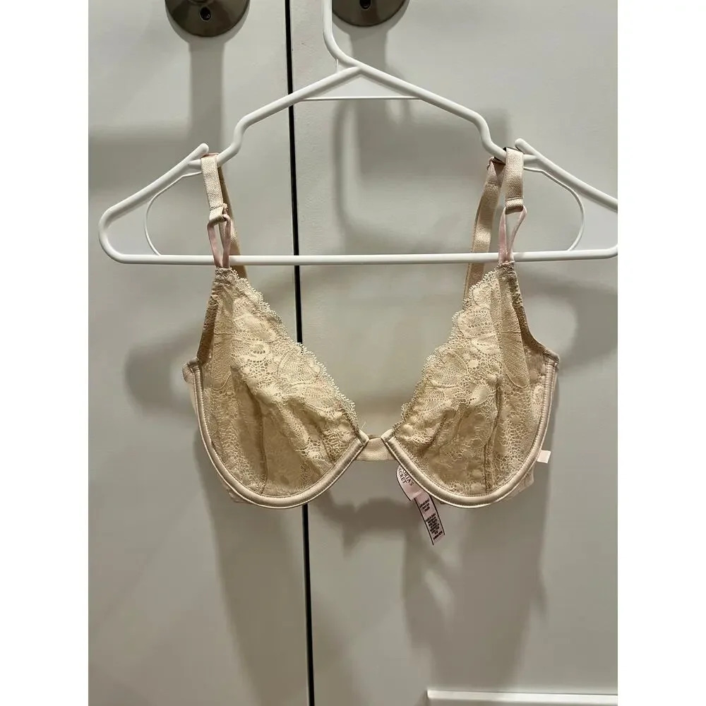 NWT victorias secret tan lacey unlined demi bra, 34DD